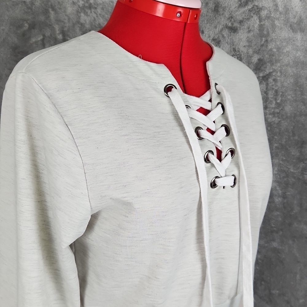 Women's Cream Lace-Up Cropped Sweatshirt Pullover Top Size M - Picture 3 of 10